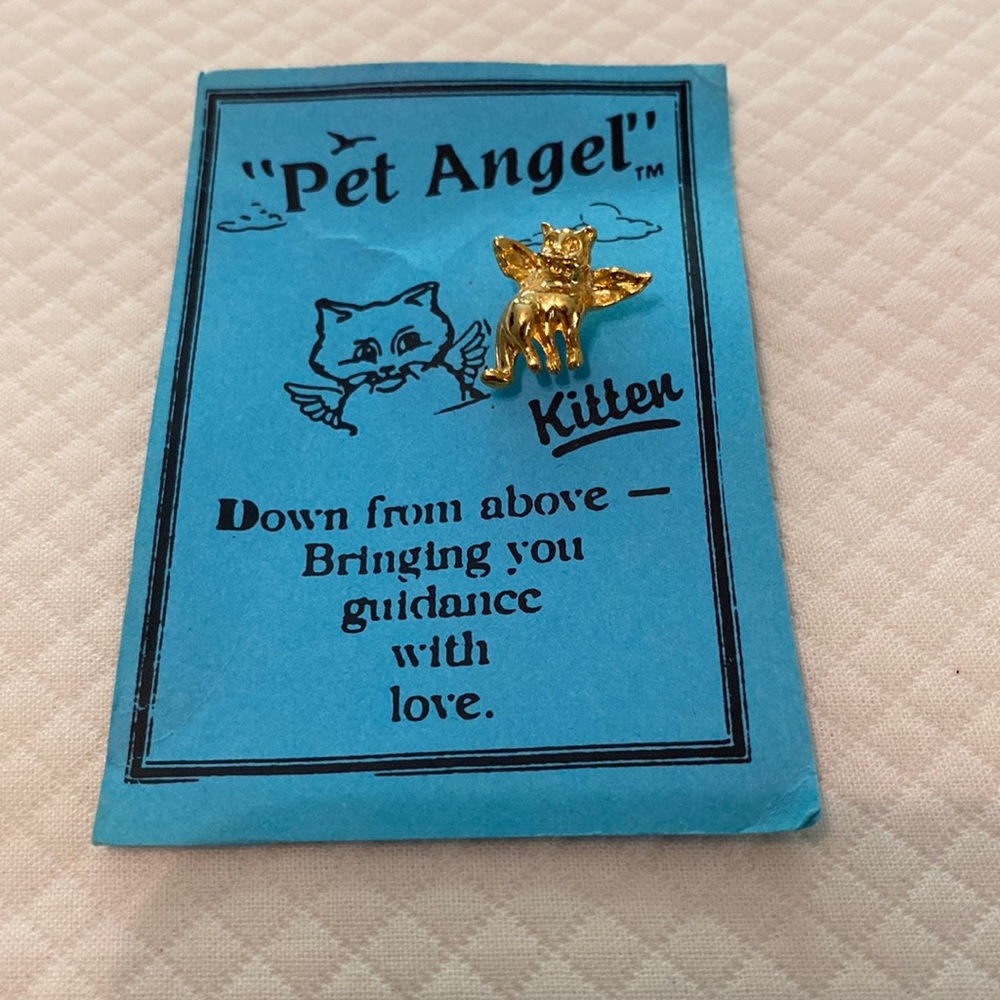 Pet Angel Vintage Gold Cat Kitten Rainbow Bridge Memory Lapel Tie Pin Brooch